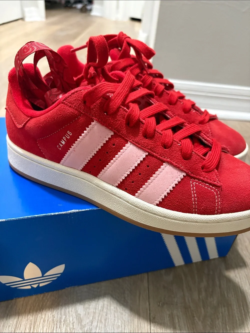 adidas Kids Red Sneakers with Pink Stripes